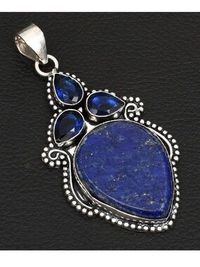 New! Lapis Lazuli Gemstone and Blue Tanzanite Crystal Teardrop Silver Pendant